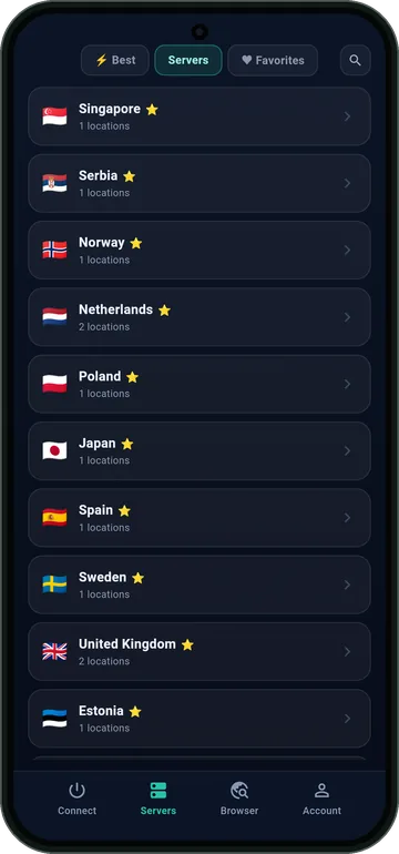 The VPNRice app's server list: countries with the number of locations